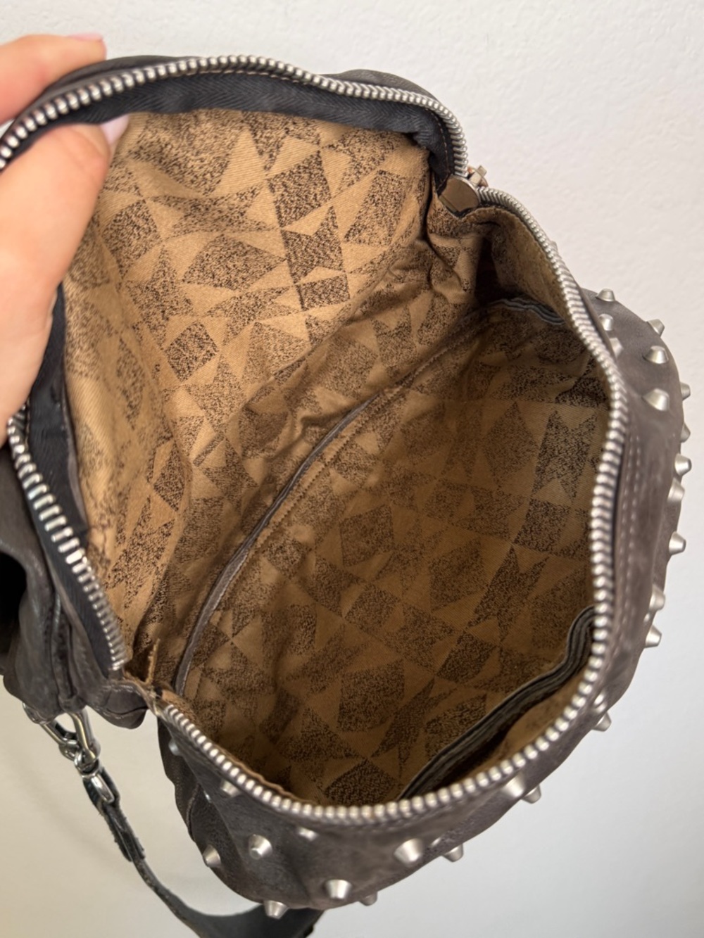 A.S.98 Studded Leather Bucket Bag Gray Brown Distressed Zipper Compartment - Picture 11 of 15